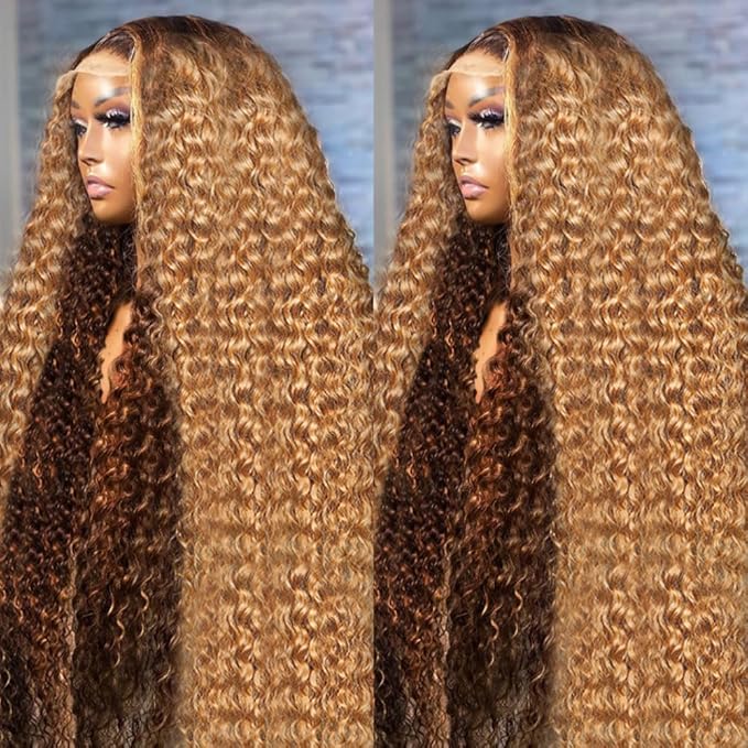 AMIRTY 360 Honey Blonde Water Wave Wig Human Hair 4/27 Highlight Curly Wig Pre Plucked Ombre Lace Front Wig Human Hair Deep Wave Lace Front Wig Colored Wigs 22Inch