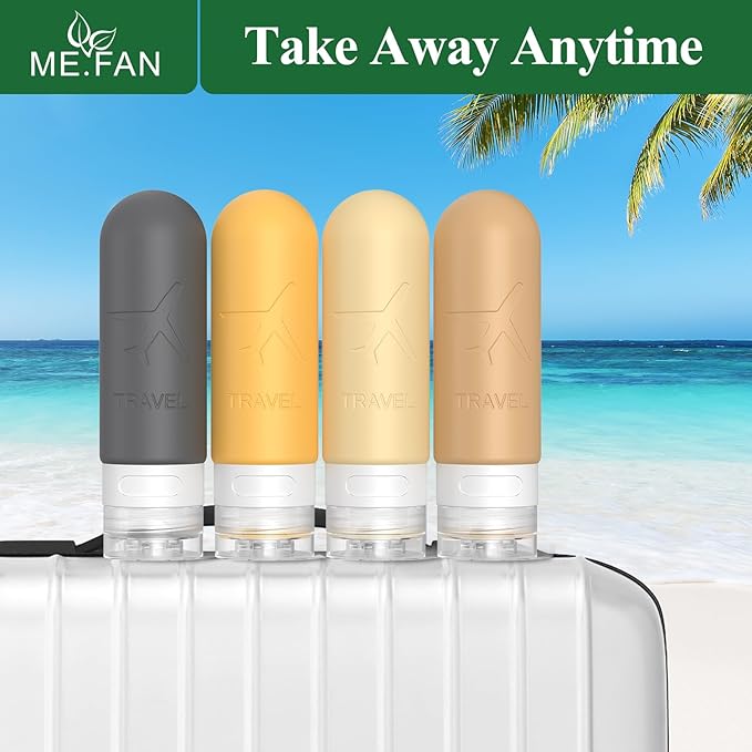 ME.FAN Travel Bottles for Toiletries, TSA Approved 3oz Travel Size Containers, Silicone Squeezable Portable Split Bottle, Travel Accessories for Conditioner, Shampoo, Lotion- 4 Pack Purple
