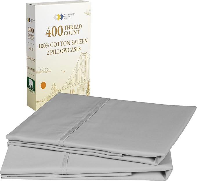 California Design Den King Size Pillowcase Set - 400 Thread Count, 100% Cotton Sateen, Set of 2 Pillow Covers, Soft and Breathable - Light Grey
