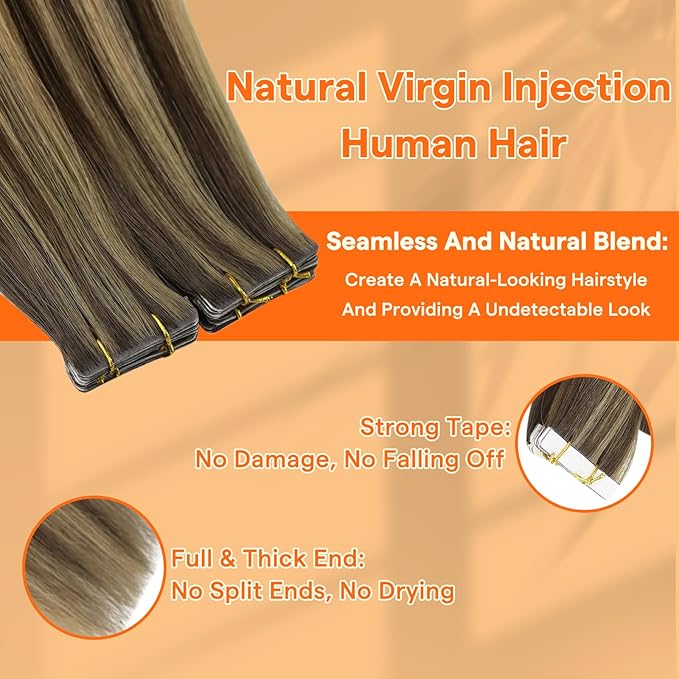 Full Shine Virgin Tape in Hair Extensions Human Hair Balayage Intact Machine Remy Tape in Extensions Color BM Invisible Injection Real Hair Extensions Tape ins 25Gram 18Inch Soft Human Hair 10Pcs