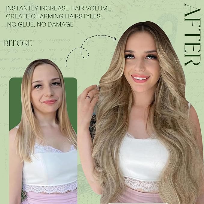 RUNATURE Balayage Hair Extensions Clip Ins, 22 Inch Long Straight Hair Clip in Hair Extensions Real Human Hair, Well Blended, Easy to Maintain, 120g 7pcs #3/8/22 Brown Root Mix Blonde