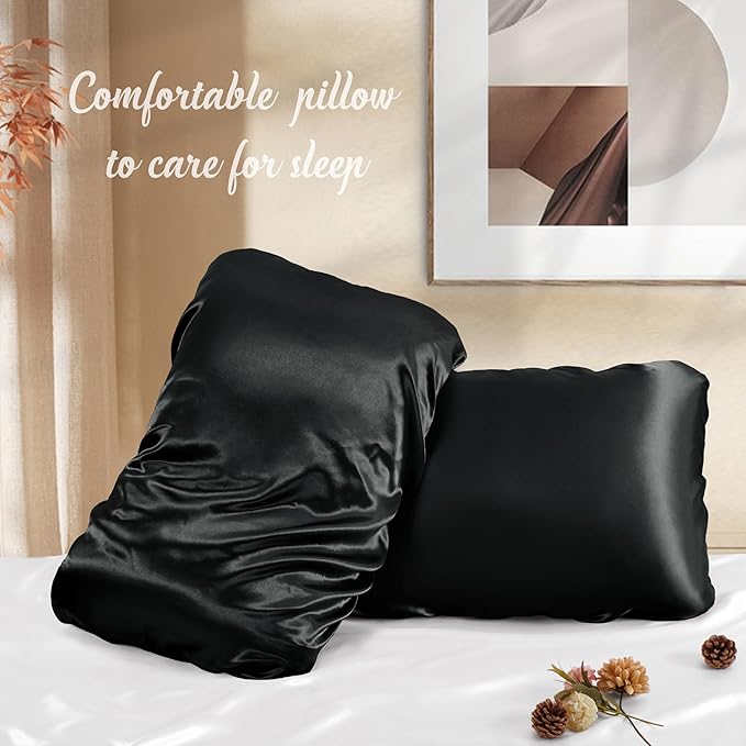 Manyshofu Satin Pillowcases for Hair Protection - 1Pcs Black Pillow Cases, Elastic Band Standard & Queen Satin Pillowcases Luxury Silky Pillow Cases Travel Pillow Covers
