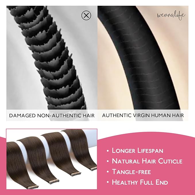 WENNALIFE Tape in Hair Extensions Human Hair Chocolate Brown Tape in Extensions, 10pcs 25g 14 inch Remy Invisible Tape Ins Straight Soft Real Human Hair Tape in Extensions Refill Set Extensions