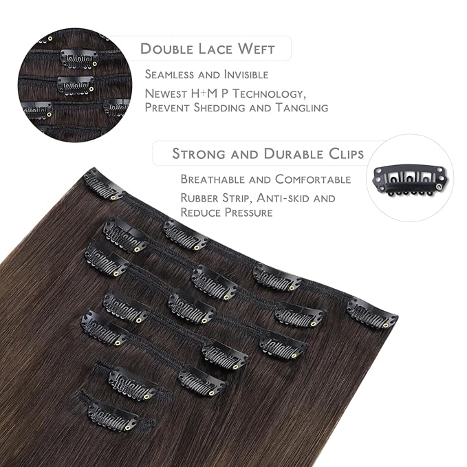 WENNALIFE Clip in Hair Extensions Real Human Hair, 14 Inch 120g 7pcs Human Hair Extensions Clip In Human Hair, Ombre Dark Brown to Light Chestnut Brown Clip In Real Hair Coloured Remy