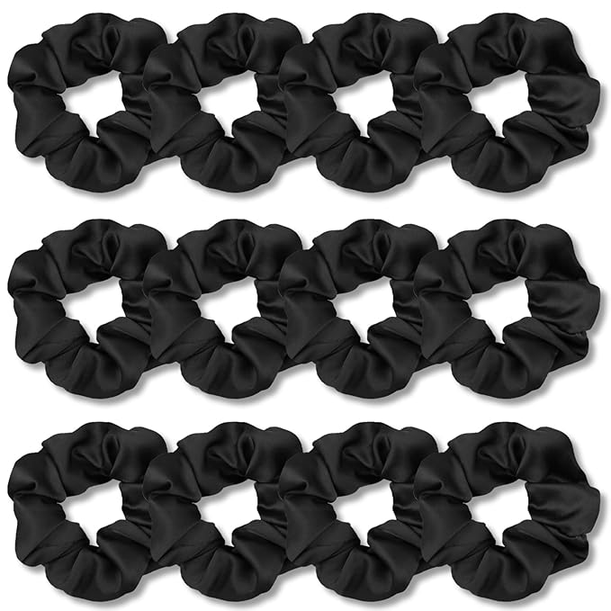 IVARYSS Scrunchies for Hair Sleep, Premium Satin Soft Than Silk for Women Curly Hair, Cute Bands Ties for Girls Thin | Thick Hair Styling, 12 Pack, Black