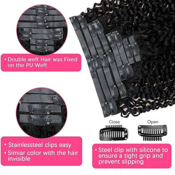 12 Inch Seamless Kinky Curly Clip Ins for Women 3c 4a Kinky Curly Clip on Extension Human Hair Brazilian Remy Human Hair Extensions Natural Black Clip ins 8 Pcs with 18 Clips 120g/Set