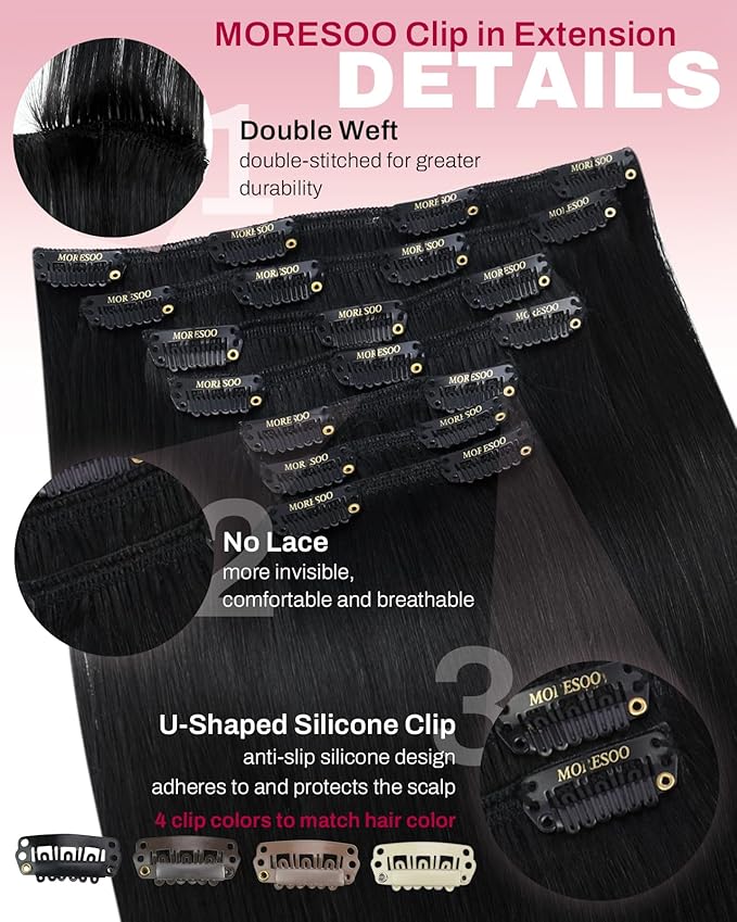 Moresoo Real Hair Extensions Clip ins Human Hair Black Double Weft Clip on Extensions Human Hair Jet Black Remy Clip in Hair Extensions Real Human Hair Full Head Set 7pcs/150g 22inch