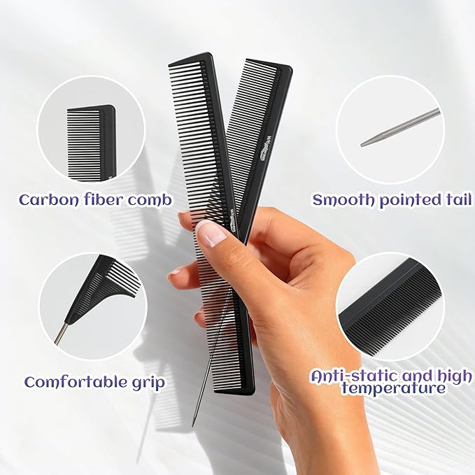 2Pcs Combs for Women and Men，Professional Black Carbon Fiber Teasing Comb，Combs for Hair Stylist, Fine and Wide Tooth Styling Comb for All Hair Types（Style 2）