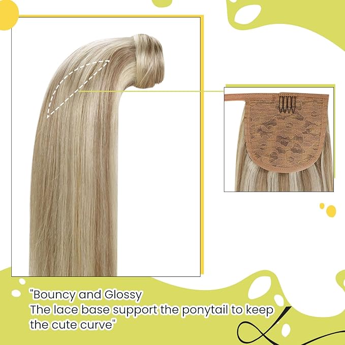 RUNATURE Ponytail Extension Real Human Hair, Short Ponytail Hair Extensions for Women, Soft Remy Natural Hair, Wrap Around Human Hair Ponytail, 12 Inch 70g #8P60 Ash Brown Highlight Platinum Blonde