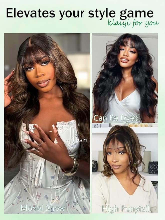 KLAIYI Ombre Brown Loose Body Wave Bye Bye Knots Glueless Precut 7x5 HD Lace Front Human Hair Bang Wig Drawstring Highlight Balayage Brown Pre Plucked Bleached 30S Ready to Wear and Go Wig 180% 24Inch