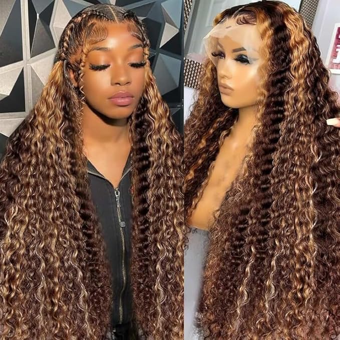 Highlight Ombre Lace Front Wig Human Hair 13x6 HD Honey Blonde 4/27 Deep Wave Lace Frontal Wigs Glueless Wigs Human Hair Pre Plucked 36Inch