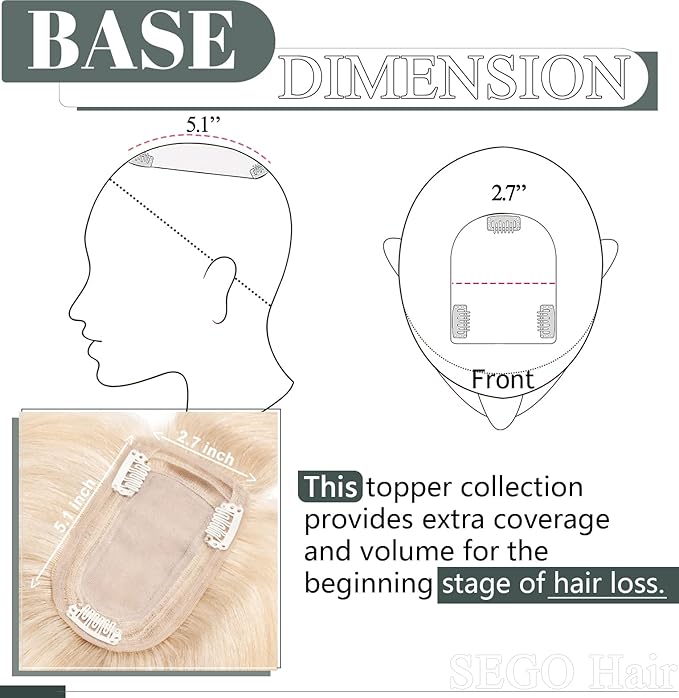 SEGO Hair Toppers for Women Real Human Hair with Thinning Hair, Toppers Hair Pieces Clip in Toppers Straight Hair Pieces with Front Bangs -8 Inches #18/613 Ash Blonde Mix Bleach Blonde