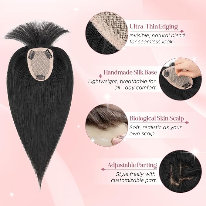 Real Human Hair Toppers for Women 3.54"*4.72" Silky Base 150% Density With Bangs Adjustable Parting Clip-In Topper Hairpieces for Women with Thinning Hair 10 Inches Dark Black
