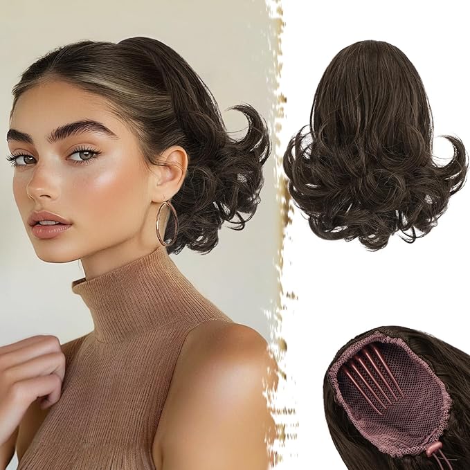 BARSDAR Short Brown Ponytail Extension - 10 Inch Wavy Drawstring Ponytail Hair Extensions for Women - Synthetic Comb Clip on Ponytail Hairpieces Fake Pony Tails Daily - Brown
