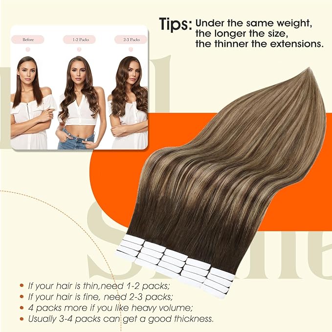 Full Shine Tape in Hair Extensions Human Hair Color 2 Dark Brown Ombre 3 Brown Highlighted 27 Blonde 12Inch Remy Seamless Skin Weft Invisible Tape Extension Human Hair 30G Add Volume 20Pcs Natural