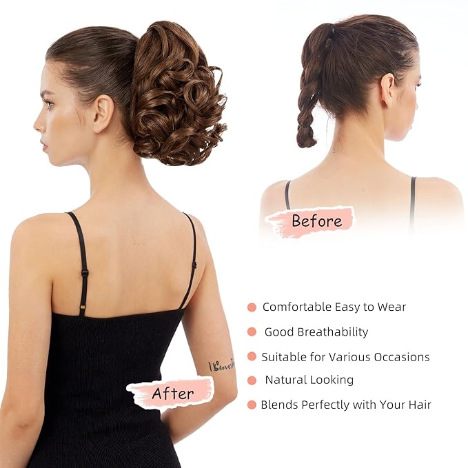 Ponytail Extension, Clip on Ponytails for Women, 9" Claw Clip in Short Curly Wavy Pony Hair Extension for Women - Light Golden Brown
