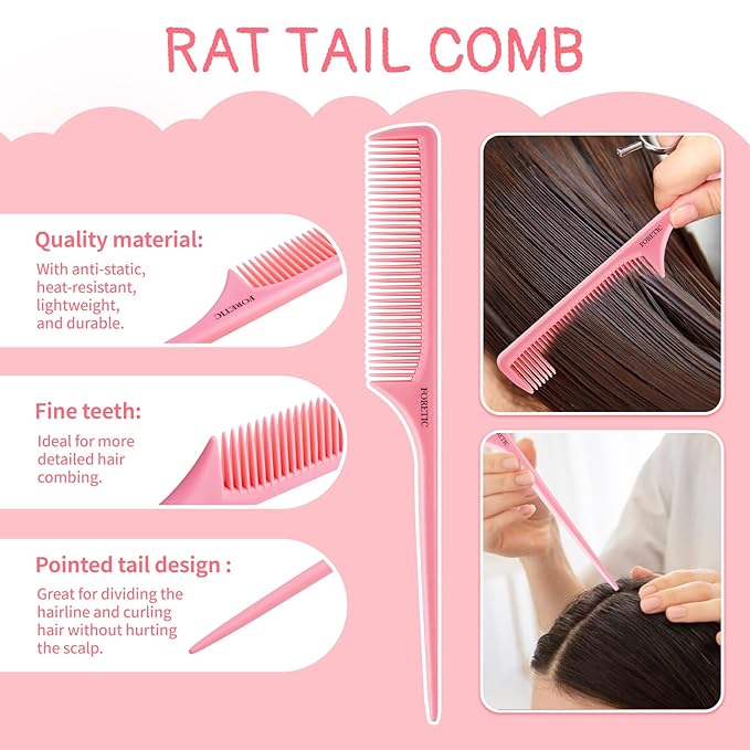 Hair Comb 3-in-1 Plastic Hair Comb Set For Women, Men - Wide Tooth, Rat Tail, and Regular Tooth Detangling Hair Combs for All Hair Types-Pink