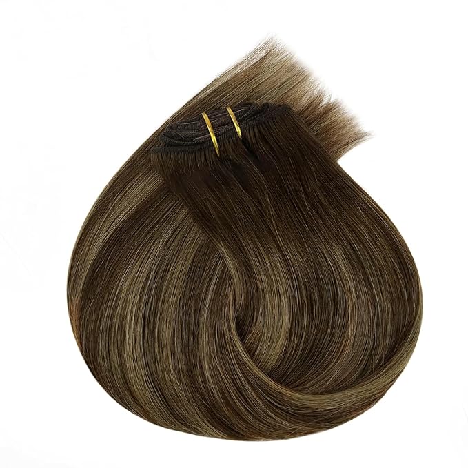 Ve Sunny Balayage Clip in Hair Extensions Human Hair Clip in Extensions Ombre Dark Brown Roots with Caramel Blonde Balayage Clip in Hair Extensions Real Human Hair 18inch 120g 7pcs