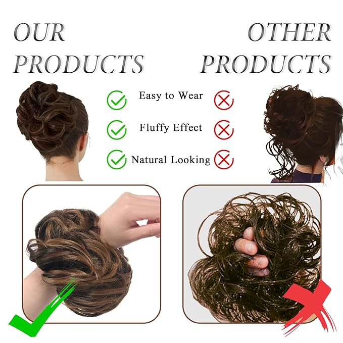 Large Messy Bun Hair Piece Curly Synthetic Extensions Scrunchies Fake Chignon Updo Hairpieces for Women Dark Brown Highlights