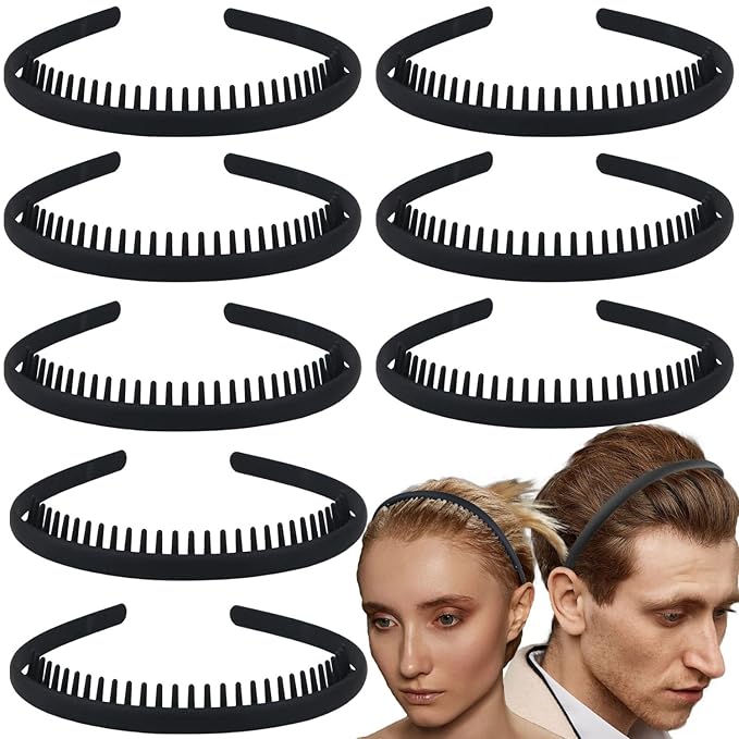 LAPOHI 8 PCS Non Slip Fashion Effortless Plastic Headbands with Teeth Comb Skinny Hair Accessories Bands for Women Men Teen Girls, Short Teeth Matte Black