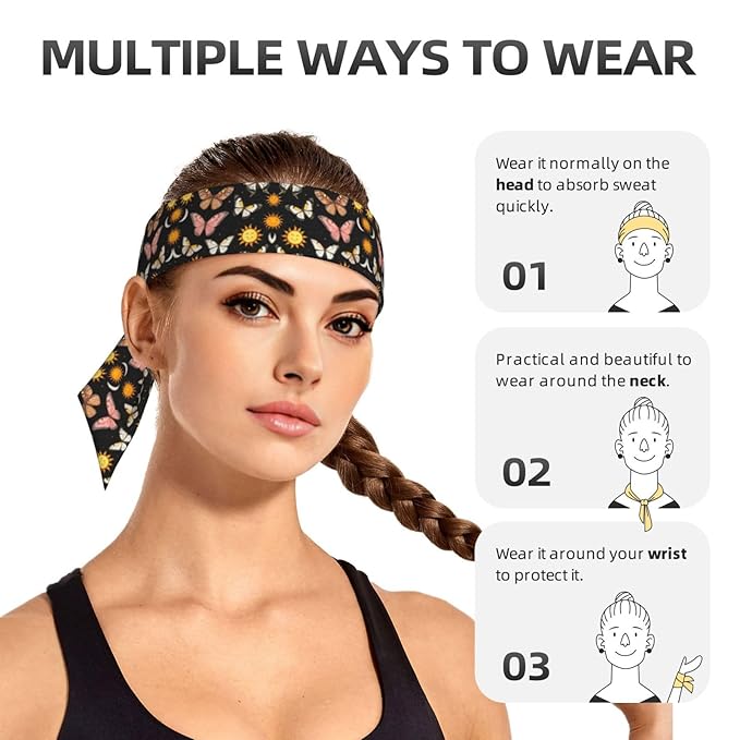 Men Women Novelty Sports Sweatbands Head Decor for Running Athletic Shower, Elastic Multifunction Goth Butterfly Moth Sun Moon Head Ribbon Headdress