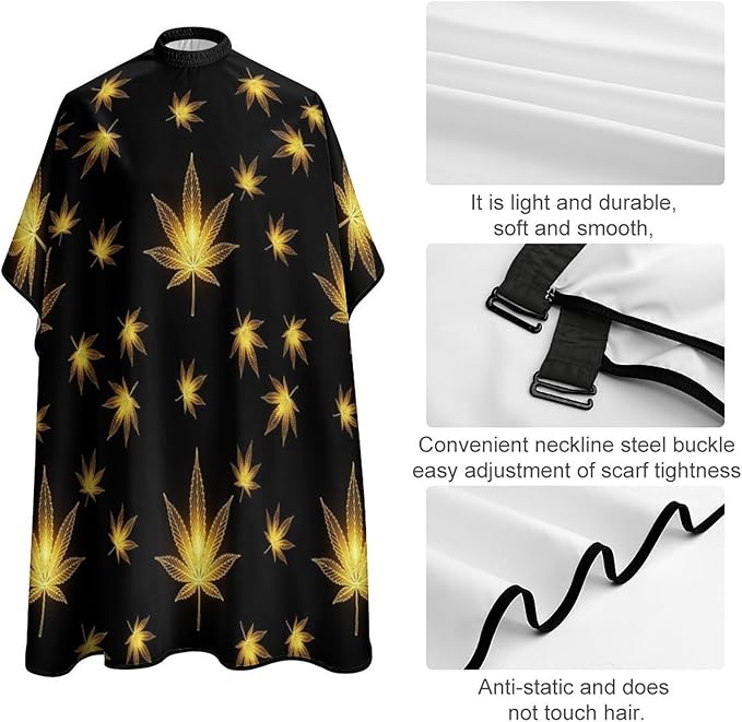 Women Cool Gold Golden Weedleaf Leaves Black Haircut Barber Cape Cover, Extra Large Hairdressing Apron for Home Stylists, Easy Clean