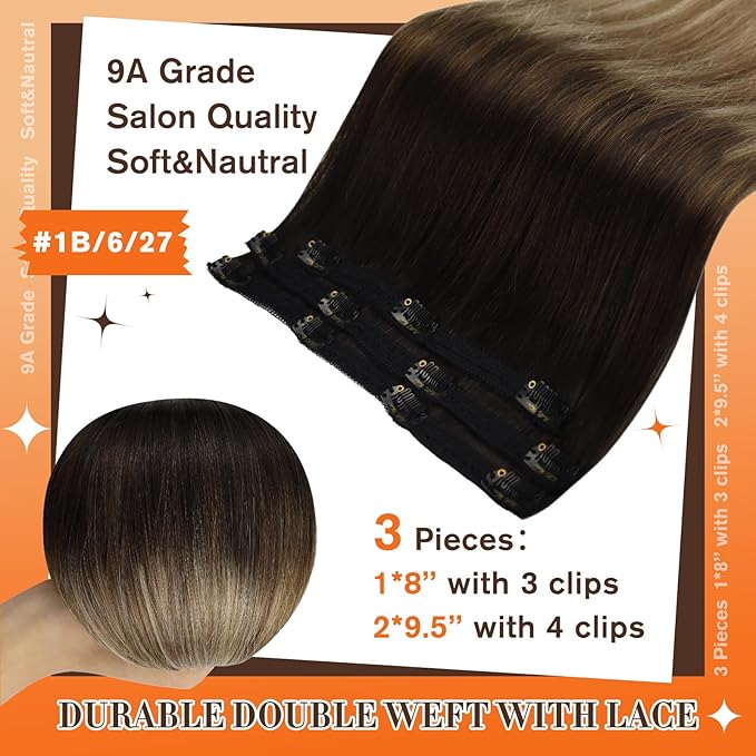 Full Shine Balayage Clip in Hair Extensions 12 Inch Hair Extensions Clip in Balayage Off Black Fading to Brown with Medium Blonde Remy Hair for Short Hair 3 PCS 60 Grams
