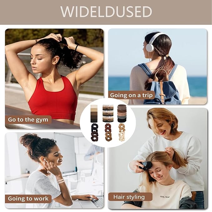 Hair Ties for women 4 popular styles Hair Elastics (15pcs No Damage Hair Ties 50pcs High Elastic Ties 15pcs Ponytail Holders 12 Satin Scrunchies) Pain-free No Crease multiple colors for all hair types