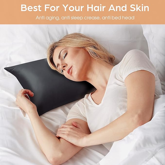 Silk Pillowcase for Hair and Skin, 2 Pack 100% Mulberry Silk Pillowcase 25 Momme, 600 Thread Count, Both Side Pure Silk Pillow Cover with Hidden Zipper (BlackGray, King 20''×36'')