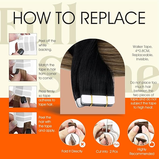 Full Shine Balayage Tape in Hair Extensions Real Human Hair 12Inch Real Tape Extensions 30G 20Pcs Seamless Remy Skin Weft Black Ombre Pu Adhesive Hair Extension 1B/6/27 Black And Blonde Soft Natural