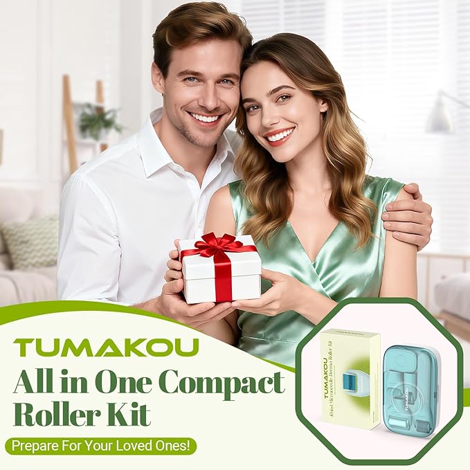 Derma Roller, TUMAKOU 10 in 1 Microneedle Roller Set for Face, Body, Scalp, Beard Hair, Microneedling Micro Needling Roller Kit for Women Men, with Storage Case & Face Ice Roller & Facial Brush(Green)