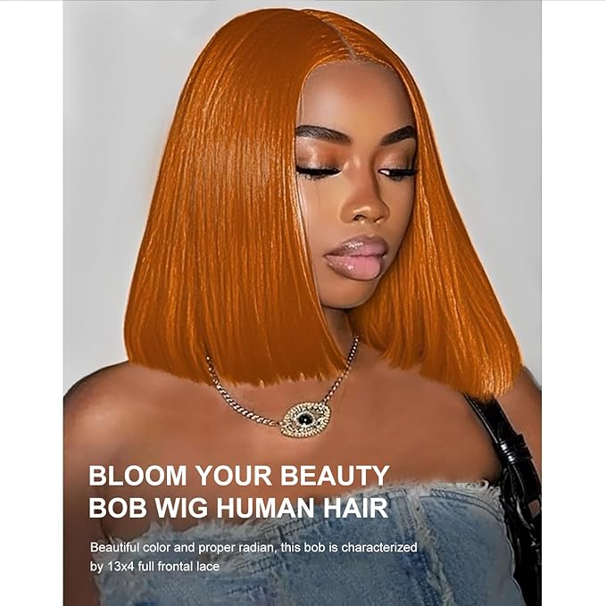 Ginger Orange Bob wig Human Hair 350# Colored Bob Wig 13x4 HD Transparent Lace Frontal Wigs Human Hair Straight Short Bob Wigs for Black Women (16inch, Ginger Bob Wig)