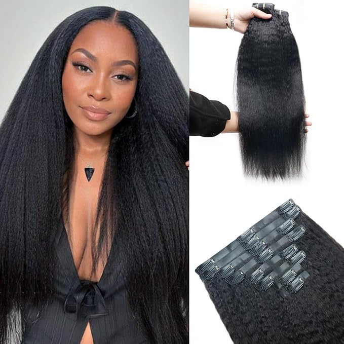 Kinky Straight Clip in Hair Extensions Real Human Hair 2 Pack 240g Seamless Clip in Hair Extensions for Women Full Max with 16Pcs PU Skin Weft 18inch Natural Black