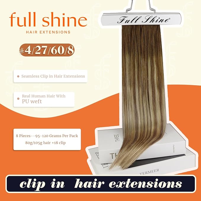 Full Shine Real Hair Extensions Clip in Human Hair Brown Balayage Seamless Clip in Hair Extensions Brown Ombre Platinum Blonde and Light Brown Remy Hair 18 Inch 8 PCS 120 G