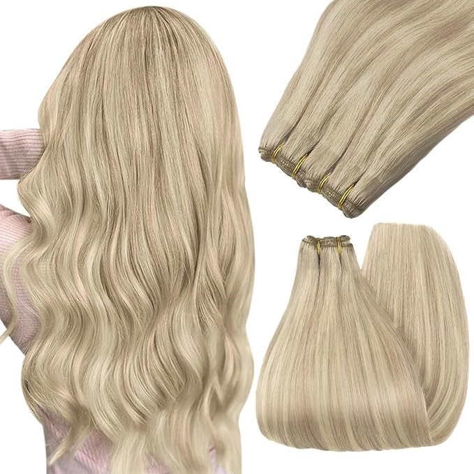 YoungSee Weft Hair Extensions Highlight Warm Ash Blonde Mix Bleach Blonde Human Hair Sew in Extensions Highlights Hair Extensions Weft Soft Remy Hair 18Inch 100G