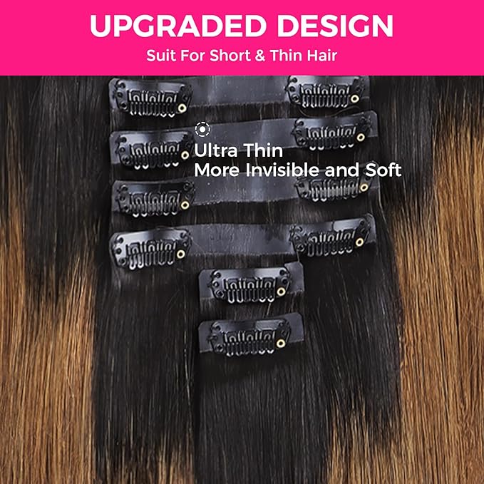 Lashey Seamless Clip in Hair Extensions Human Hair 130g 9pcs 16 Inch Ombre Natural Black to Medium Auburn Straight Hair Extensions Clip ins with Soft PU Weft