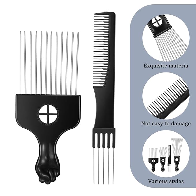 Sibba 4 Pack Metal Comb Afro Hair Pick Comb Set, Stainless Steel Wide Tooth Hair Picks for Natural Curly Coily, Fist Design Braid Styling Combs Afro Lift Picks Wig Detangler for Detangling Hairstyling