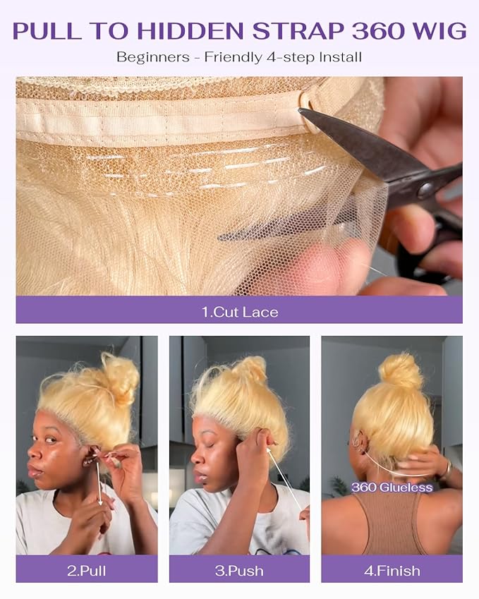 Hidden Strap Body Wave 360 613 Lace Front Wig Human Hair Glueless Wigs Human hair Pre Plucked Pre Bleached 180% Density Blonde Wig With Drawstring HD Full Lace Human Hair Wigs 32Inch