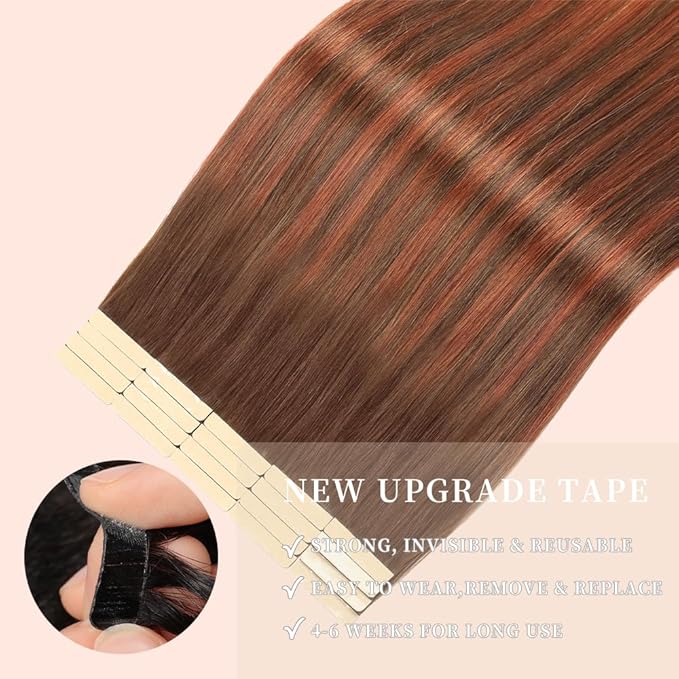 Human Hair Tape in Extensions, Chocolate Brown to Auburn Brown Extensions Real Human Hair 20 Inch 20pcs Remy Straight Tape ins Invisible Tape in Hair Extensions Human Hair (#4/33/4,20 Inch)