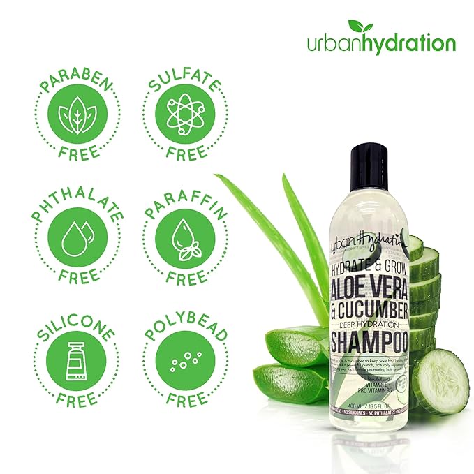 Urban Hydration Hydrate & Grow Aloe Vera & Cucumber Deep Hydration Shampoo – 13.5 Fl Oz, Moisturizing, Detoxing & Sulfate-Free, Safe for All Hair Types