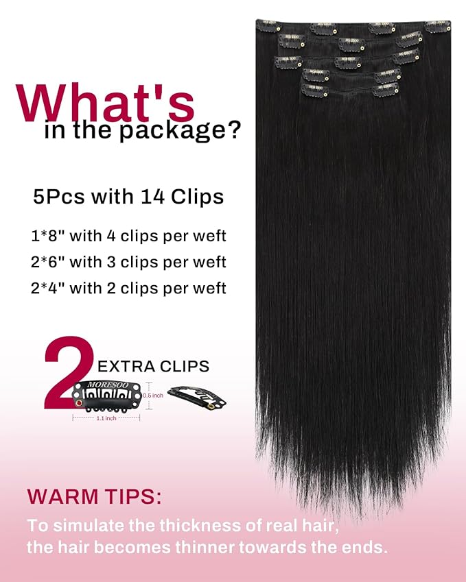 Moresoo Clip in Hair Extensions Real Human Hair Natural Black 5pcs 80g Remy Straight Invisible Lace Double Weft Natural Black Human Hair Clip in Extensions #1b 20inch