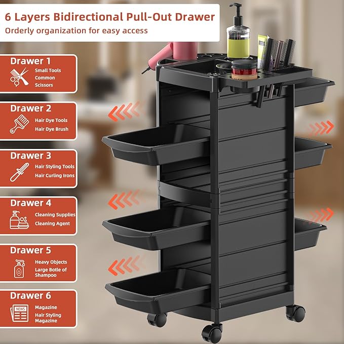 7-Layer Salon Trolley Cart with 6 Drawers, Professional Salon Rolling Cart with Wheels for Hair Stylist, Portable Barber Station with Extra Storage Space for Tattoo, Barber