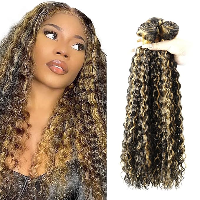 Honey Blonde Bundles Human Hair Highlight Deep Wave Bundle Brazilian Virgin Remy Hair 3 Bundles 22 24 26 Inch Niegmeag 2 Tone Black and Blonde Deep Wave Bundle 300g