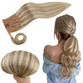 RUNATURE Ponytail Extension Real Human Hair, Short Ponytail Hair Extensions for Women, Soft Remy Natural Hair, Wrap Around Human Hair Ponytail, 12 Inch 70g #8P60 Ash Brown Highlight Platinum Blonde