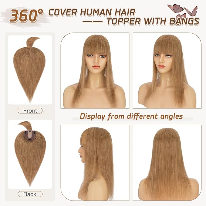 Rich Choices Real Human Hair Toppers for Women With Bang 100% Remy Human Hair Topper for Thinning Hair Clip in Silk Base Hair Topper 12 Inch #6 Light Brown