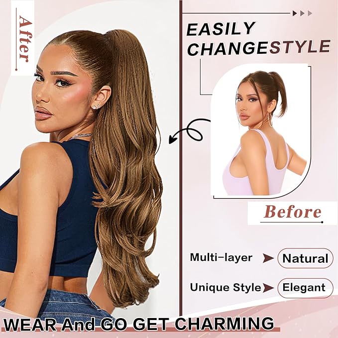 Ponytail Extension, Drawstring Ponytail Extension for Women 26 Inch Long Wavy Brown Pony Tails Hair Extensions Synthetic Clip in Ponytail Hairpiece for Women 8/27