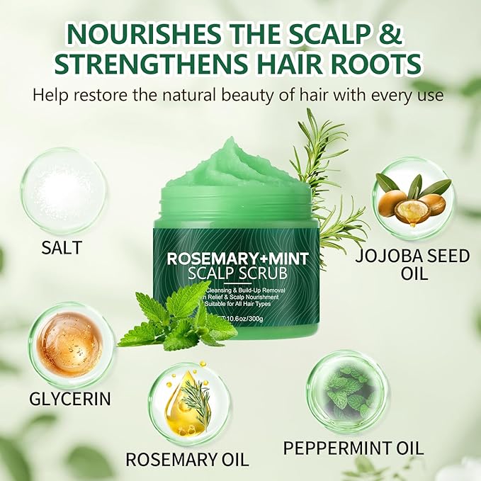 Scalp Scrub with Rosemary & Mint, 2-in-1 Exfoliating Shampoo for Hair Treatment, Includes Silicone Scalp Massager, Removes Buildup & Dandruff, 10.6oz