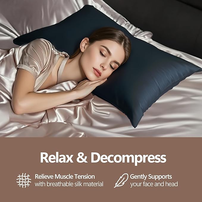 Silk Pillow Cases - 6A Luxury 100% Mulberry Silk Pillowcase for Hair and Skin - Anti-Wrinkle, Cooling & Smooth, Hidden Zipper - Pillowcases for Sleeping Women (Navy Blue, Standard)