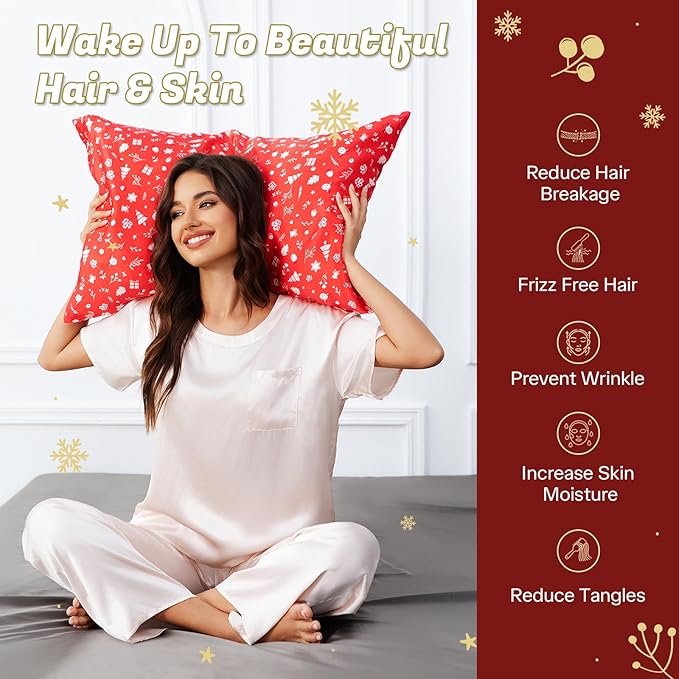 THXSILK Christmas Style 6A+ Grade Mulberry Silk Pillowcase for Hair and Skin, 22 Momme 100% Pure Silk Pillow Case with Hidden Zipper, Christmas Holly Printed Pillow Cover, Red， Queen