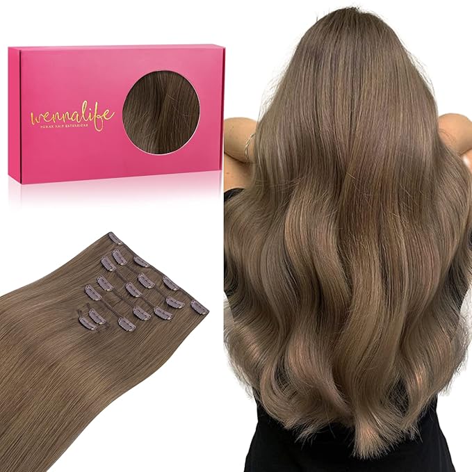 WENNALIFE Clip in Hair Extensions Real Human Hair, 22 Inch 120g 7pcs Remy Hair, Light Ash Brown Straight Natural Coloured Extensiones De Cabello Humano Con Clip Ins